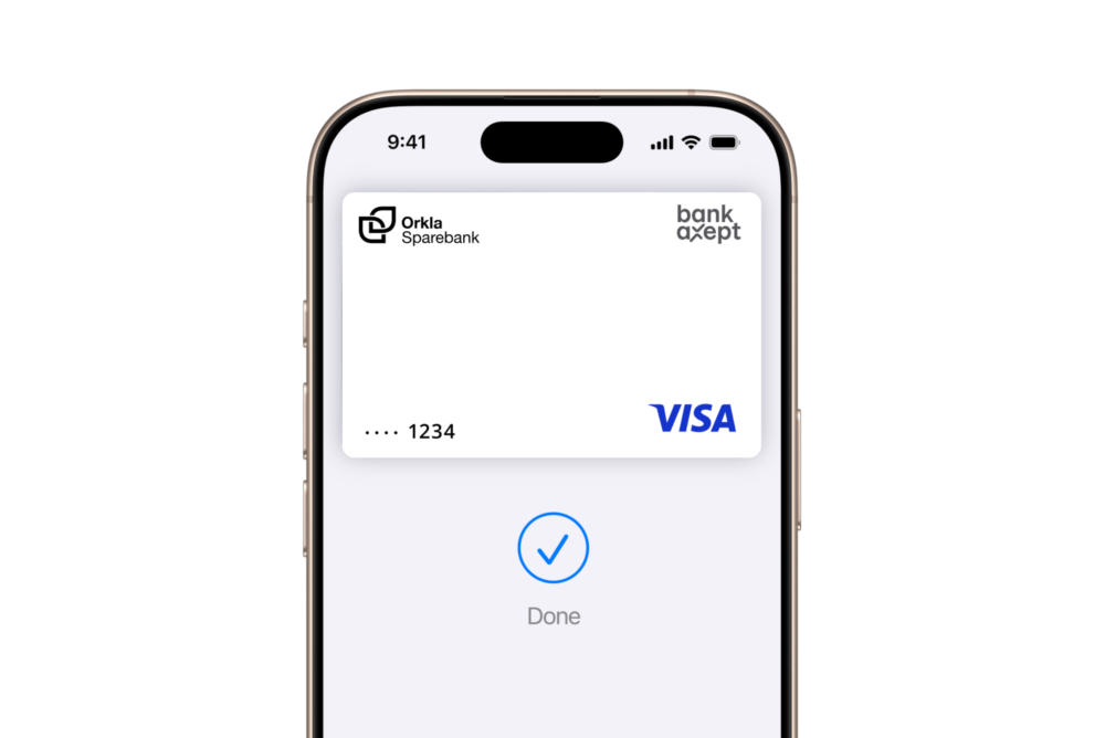 IPhone viser et digitalt betalingskort med bekreftelse 'Done'.